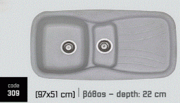 Συνθετικός Νεροχύτης με 1 γούρνα, 1 βοηθητική και πάγκο αποστράγγισης
Βάθος: 22 cm
Ερμάριο: 60cm
Αντιστρεφόμενος